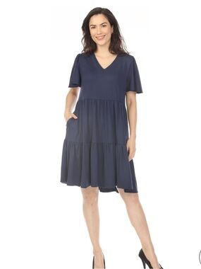 Lands End Tiered V-Neck Short Sleeve Dress - Navy. Size 1X